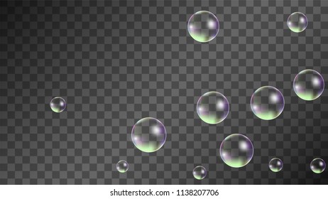 Soap bubbles with Rainbow Reflection. Set of Realistic Water or Soap Bubbles for Your Design. Shampoo or Foam Cosmetic Flyer and Invite. Bubble with Hologram Reflection. Isolated Vector Illustration.