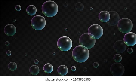 Soap bubbles with Rainbow Reflection. Set of Realistic Water or Soap Bubbles for Your Design. Shampoo or Foam Cosmetic Flyer and Invite. Bubble with Hologram Reflection. Isolated Vector Illustration.