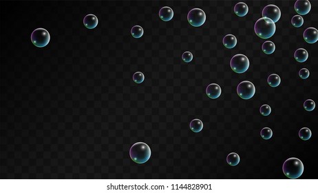 Soap bubbles with Rainbow Reflection. Set of Realistic Soap or Water Bubbles for Your Design. Shampoo or Foam Cosmetic Flyer and Invite. Bubble with Hologram Reflection. Isolated Vector Illustration.