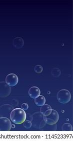 Soap bubbles with Rainbow Reflection. Set of Realistic Water or Soap Bubbles for Your Design. Shampoo or Foam Cosmetic Flyer and Invite. Bubble with Hologram Reflection. Isolated Vector Illustration.