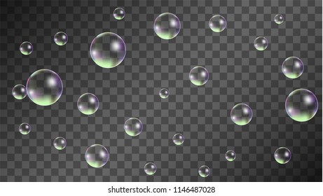 Soap bubbles with Rainbow Reflection. Set of Realistic Soap or Water Bubbles for Your Design. Shampoo or Foam Cosmetic Flyer and Invite. Bubble with Hologram Reflection. Isolated Vector Illustration.