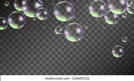 Soap bubbles with Rainbow Reflection. Set of Realistic Water or Soap Bubbles for Your Design. Shampoo or Foam Cosmetic Flyer and Invite. Bubble with Hologram Reflection. Isolated Vector Illustration.