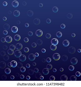 Soap bubbles with Rainbow Reflection. Set of Realistic Water or Soap Bubbles for Your Design. Shampoo or Foam Cosmetic Flyer and Invite. Bubble with Hologram Reflection. Isolated Vector Illustration.