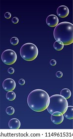 Soap bubbles with Rainbow Reflection. Set of Realistic Water or Soap Bubbles for Your Design. Shampoo or Foam Cosmetic Flyer and Invite. Bubble with Hologram Reflection. Isolated Vector Illustration.
