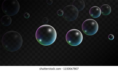 Soap bubbles with Rainbow Reflection. Set of Realistic Soap or Water Bubbles for Your Design. Shampoo or Foam Cosmetic Flyer and Invite. Bubble with Hologram Reflection. Isolated Vector Illustration.
