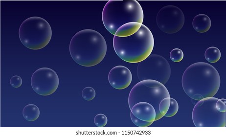 Soap bubbles with Rainbow Reflection. Set of Realistic Water or Soap Bubbles for Your Design. Shampoo or Foam Cosmetic Flyer and Invite. Bubble with Hologram Reflection. Isolated Vector Illustration.
