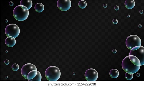 Soap bubbles with Rainbow Reflection. Set of Realistic Water or Soap Bubbles for Your Design. Shampoo or Foam Cosmetic Flyer and Invite. Bubble with Hologram Reflection. Isolated Vector Illustration.