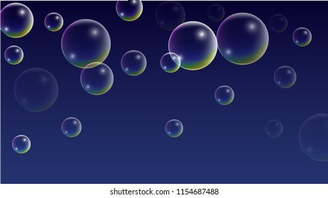 Soap bubbles with Rainbow Reflection. Set of Realistic Water or Soap Bubbles for Your Design. Shampoo or Foam Cosmetic Flyer and Invite. Bubble with Hologram Reflection. Isolated Vector Illustration.