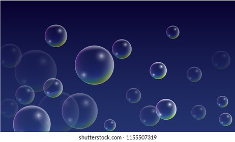 Soap bubbles with Rainbow Reflection. Set of Realistic Water or Soap Bubbles for Your Design. Shampoo or Foam Cosmetic Flyer and Invite. Bubble with Hologram Reflection. Isolated Vector Illustration.