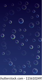 Soap bubbles with Rainbow Reflection. Set of Realistic Soap or Water Bubbles for Your Design. Shampoo or Foam Cosmetic Flyer and Invite. Bubble with Hologram Reflection. Isolated Vector Illustration.