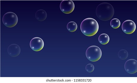 Soap bubbles with Rainbow Reflection. Set of Realistic Soap or Water Bubbles for Your Design. Shampoo or Foam Cosmetic Flyer and Invite. Bubble with Hologram Reflection. Isolated Vector Illustration.