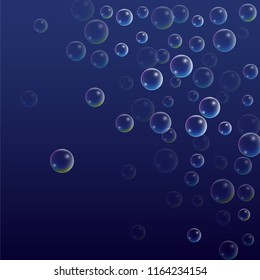 Soap bubbles with Rainbow Reflection. Set of Realistic Water or Soap Bubbles for Your Design. Shampoo or Foam Cosmetic Flyer and Invite. Bubble with Hologram Reflection. Isolated Vector Illustration.