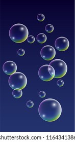 Soap bubbles with Rainbow Reflection. Set of Realistic Water or Soap Bubbles for Your Design. Shampoo or Foam Cosmetic Flyer and Invite. Bubble with Hologram Reflection. Isolated Vector Illustration.