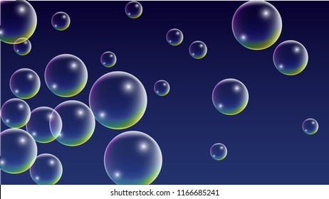 Soap bubbles with Rainbow Reflection. Set of Realistic Water or Soap Bubbles for Your Design. Shampoo or Foam Cosmetic Flyer and Invite. Bubble with Hologram Reflection. Isolated Vector Illustration.