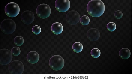 Soap bubbles with Rainbow Reflection. Set of Realistic Soap or Water Bubbles for Your Design. Shampoo or Foam Cosmetic Flyer and Invite. Bubble with Hologram Reflection. Isolated Vector Illustration.