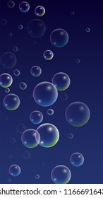 Soap Bubbles with Rainbow Reflection. Set of Realistic Water or Soap Bubbles for Your Design. Shampoo or Foam Cosmetic Flyer and Invite. Bubble with Hologram Reflection. Isolated Vector Illustration.