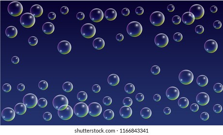 Soap bubbles with Rainbow Reflection. Set of Realistic Water or Soap Bubbles for Your Design. Shampoo or Foam Cosmetic Flyer and Invite. Bubble with Hologram Reflection. Isolated Vector Illustration.