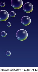 Soap bubbles with Rainbow Reflection. Set of Realistic Soap or Water Bubbles for Your Design. Shampoo or Foam Cosmetic Flyer and Invite. Bubble with Hologram Reflection. Isolated Vector Illustration.