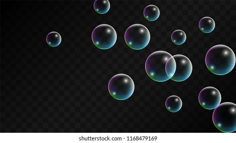 Soap bubbles with Rainbow Reflection. Set of Realistic Water or Soap Bubbles for Your Design. Shampoo or Foam Cosmetic Flyer and Invite. Bubble with Hologram Reflection. Isolated Vector Illustration.