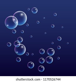 Soap bubbles with Rainbow Reflection. Set of Realistic Water or Soap Bubbles for Your Design. Shampoo or Foam Cosmetic Flyer and Invite. Bubble with Hologram Reflection. Isolated Vector Illustration.