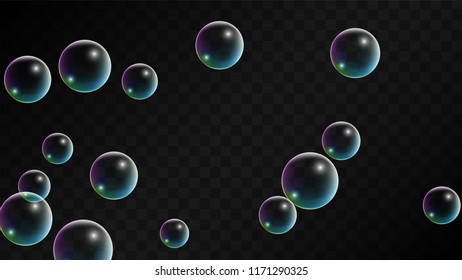 Soap bubbles with Rainbow Reflection. Set of Realistic Water or Soap Bubbles for Your Design. Shampoo or Foam Cosmetic Flyer and Invite. Bubble with Hologram Reflection. Isolated Vector Illustration.