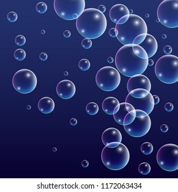 Soap bubbles with Rainbow Reflection. Set of Realistic Water or Soap Bubbles for Your Design. Shampoo or Foam Cosmetic Flyer and Invite. Bubble with Hologram Reflection. Isolated Vector Illustration.