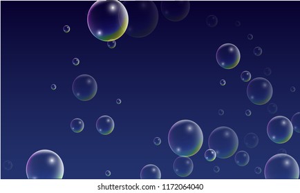 Soap bubbles with Rainbow Reflection. Set of Realistic Water or Soap Bubbles for Your Design. Shampoo or Foam Cosmetic Flyer and Invite. Bubble with Hologram Reflection. Isolated Vector Illustration.