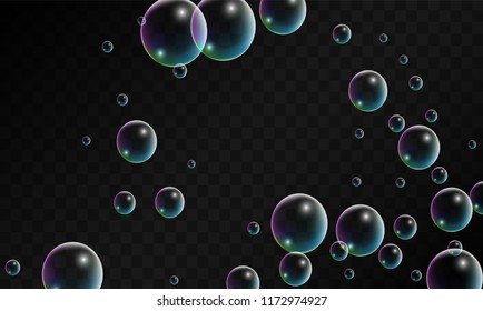 Soap bubbles with Rainbow Reflection. Set of Realistic Soap or Water Bubbles for Your Design. Shampoo or Foam Cosmetic Flyer and Invite. Bubble with Hologram Reflection. Isolated Vector Illustration.