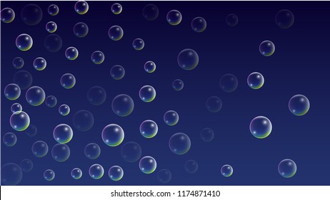 Soap bubbles with Rainbow Reflection. Set of Realistic Water or Soap Bubbles for Your Design. Shampoo or Foam Cosmetic Flyer and Invite. Bubble with Hologram Reflection. Isolated Vector Illustration.