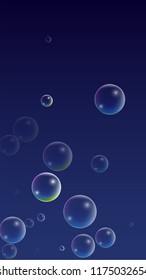 Soap bubbles with Rainbow Reflection. Set of Realistic Water or Soap Bubbles for Your Design. Shampoo or Foam Cosmetic Flyer and Invite. Bubble with Hologram Reflection. Isolated Vector Illustration.