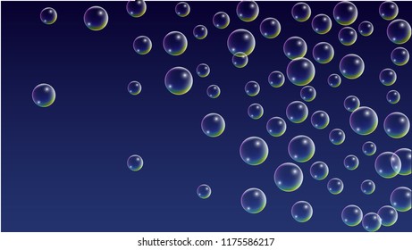 Soap bubbles with Rainbow Reflection. Set of Realistic Water or Soap Bubbles for Your Design. Shampoo or Foam Cosmetic Flyer and Invite. Bubble with Hologram Reflection. Isolated Vector Illustration.