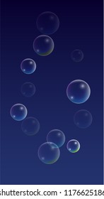 Soap Bubbles with Rainbow Reflection. Set of Realistic Water or Soap Bubbles for Your Design. Shampoo or Foam Cosmetic Flyer and Invite. Bubble with Hologram Reflection. Isolated Vector Illustration.