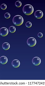 Soap bubbles with Rainbow Reflection. Set of Realistic Soap or Water Bubbles for Your Design. Shampoo or Foam Cosmetic Flyer and Invite. Bubble with Hologram Reflection. Isolated Vector Illustration.