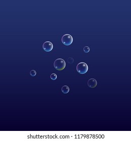 Soap Bubbles with Rainbow Reflection. Set of Realistic Water or Soap Bubbles for Your Design. Shampoo or Foam Cosmetic Flyer and Invite. Bubble with Hologram Reflection. Isolated Vector Illustration.