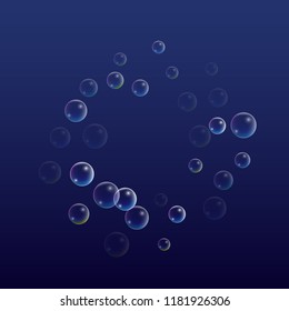 Soap bubbles with Rainbow Reflection. Set of Realistic Soap or Water Bubbles for Your Design. Shampoo or Foam Cosmetic Flyer and Invite. Bubble with Hologram Reflection. Isolated Vector Illustration.
