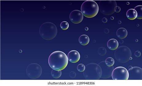Soap bubbles with Rainbow Reflection. Set of Realistic Water or Soap Bubbles for Your Design. Shampoo or Foam Cosmetic Flyer and Invite. Bubble with Hologram Reflection. Isolated Vector Illustration.