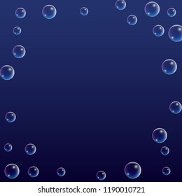 Soap Bubbles with Rainbow Reflection. Set of Realistic Water or Soap Bubbles for Your Design. Shampoo or Foam Cosmetic Flyer and Invite. Bubble with Hologram Reflection. Isolated Vector Illustration.