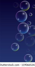Soap bubbles with Rainbow Reflection. Set of Realistic Water or Soap Bubbles for Your Design. Shampoo or Foam Cosmetic Flyer and Invite. Bubble with Hologram Reflection. Isolated Vector Illustration.