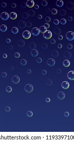 Soap bubbles with Rainbow Reflection. Set of Realistic Water or Soap Bubbles for Your Design. Shampoo or Foam Cosmetic Flyer and Invite. Bubble with Hologram Reflection. Isolated Vector Illustration.