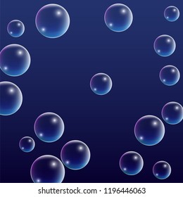 Soap Bubbles with Rainbow Reflection. Set of Realistic Water or Soap Bubbles for Your Design. Shampoo or Foam Cosmetic Flyer and Invite. Bubble with Hologram Reflection. Isolated Vector Illustration.