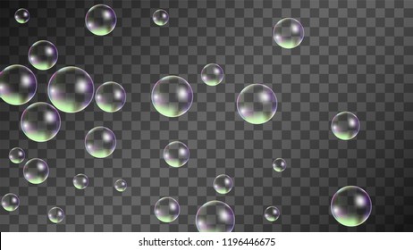 Soap bubbles with Rainbow Reflection. Set of Realistic Water or Soap Bubbles for Your Design. Shampoo or Foam Cosmetic Flyer and Invite. Bubble with Hologram Reflection. Isolated Vector Illustration.