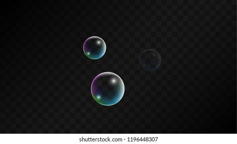 Soap bubbles with Rainbow Reflection. Set of Realistic Water or Soap Bubbles for Your Design. Shampoo or Foam Cosmetic Flyer and Invite. Bubble with Hologram Reflection. Isolated Vector Illustration.