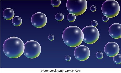 Soap bubbles with Rainbow Reflection. Set of Realistic Soap or Water Bubbles for Your Design. Shampoo or Foam Cosmetic Flyer and Invite. Bubble with Hologram Reflection. Isolated Vector Illustration.