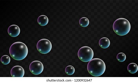 Soap bubbles with Rainbow Reflection. Set of Realistic Water or Soap Bubbles for Your Design. Shampoo or Foam Cosmetic Flyer and Invite. Bubble with Hologram Reflection. Isolated Vector Illustration.