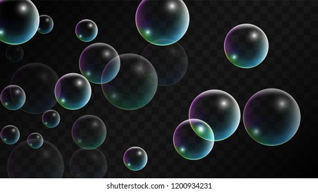 Soap bubbles with Rainbow Reflection. Set of Realistic Soap or Water Bubbles for Your Design. Shampoo or Foam Cosmetic Flyer and Invite. Bubble with Hologram Reflection. Isolated Vector Illustration.