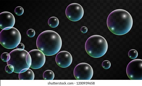 Soap bubbles with Rainbow Reflection. Set of Realistic Water or Soap Bubbles for Your Design. Shampoo or Foam Cosmetic Flyer and Invite. Bubble with Hologram Reflection. Isolated Vector Illustration.