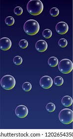 Soap bubbles with Rainbow Reflection. Set of Realistic Water or Soap Bubbles for Your Design. Shampoo or Foam Cosmetic Flyer and Invite. Bubble with Hologram Reflection. Isolated Vector Illustration.