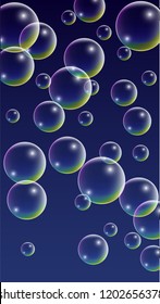 Soap bubbles with Rainbow Reflection. Set of Realistic Water or Soap Bubbles for Your Design. Shampoo or Foam Cosmetic Flyer and Invite. Bubble with Hologram Reflection. Isolated Vector Illustration.