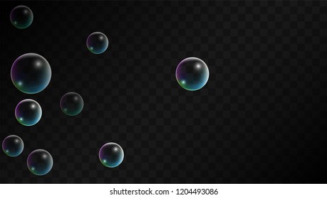 Soap bubbles with Rainbow Reflection. Set of Realistic Soap or Water Bubbles for Your Design. Shampoo or Foam Cosmetic Flyer and Invite. Bubble with Hologram Reflection. Isolated Vector Illustration.