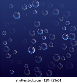 Soap bubbles with Rainbow Reflection. Set of Realistic Water or Soap Bubbles for Your Design. Shampoo or Foam Cosmetic Flyer and Invite. Bubble with Hologram Reflection. Isolated Vector Illustration.